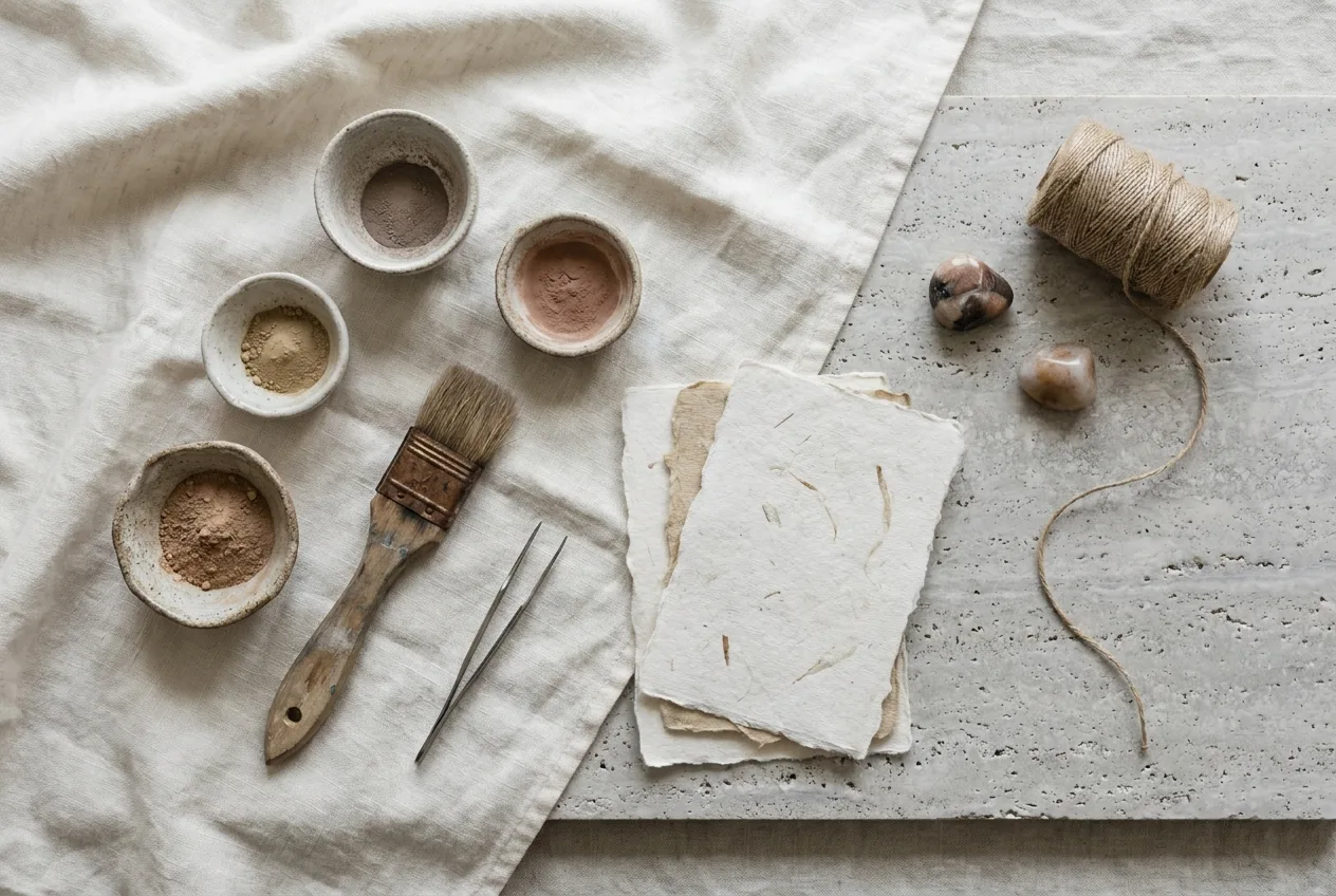 Accessories laid flat on travertine and linen